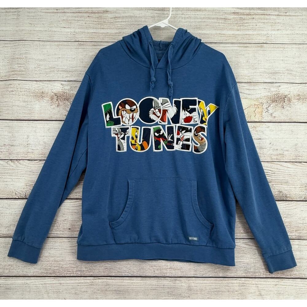 Six‎ Flags Looney Tunes Embroidered Logo Hoodie Sweatshirt Adult XL Blue